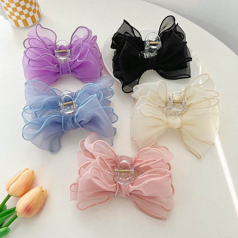 Spring 2023 New Bow Shark Clip Medium High Sense Hairpin Ins Korean Mesh Cute Hairpin Wholesale