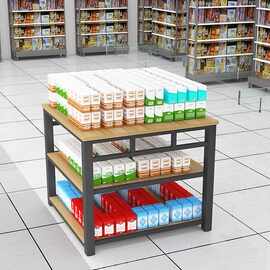 超市饮料堆头钢木货架食用油便利店牛奶促销台洗衣液三层展示地堆