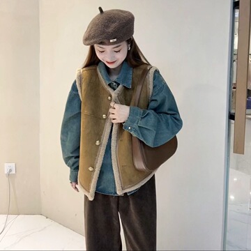 羊羔毛马甲外套女秋冬新款韩版加厚机车马夹美拉德风坎肩背心上衣