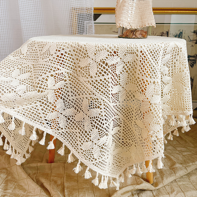 复古美式乡村钩针蕾丝圆桌布田园编织镂空文艺流苏茶几布防尘盖布