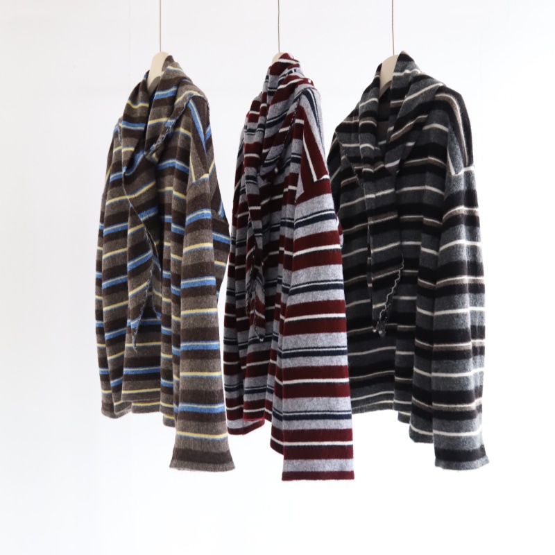 小驼绒条纹撞色宽松休闲韩系针织衫+三角围巾披肩两件套套装女