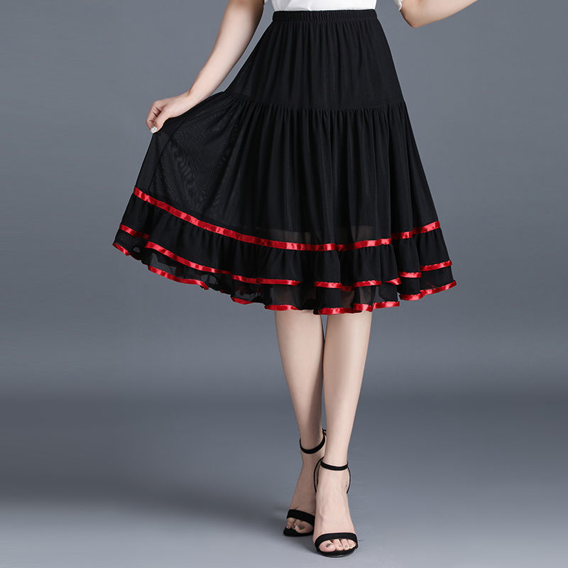 中长款半身裙大摆网纱跳舞裙中裙中年妈妈款大码a字裙广场舞裙子