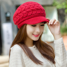 冬季帽子女韩版时尚百搭毛线帽鸭舌贝雷帽加绒加厚保暖针织帽批发