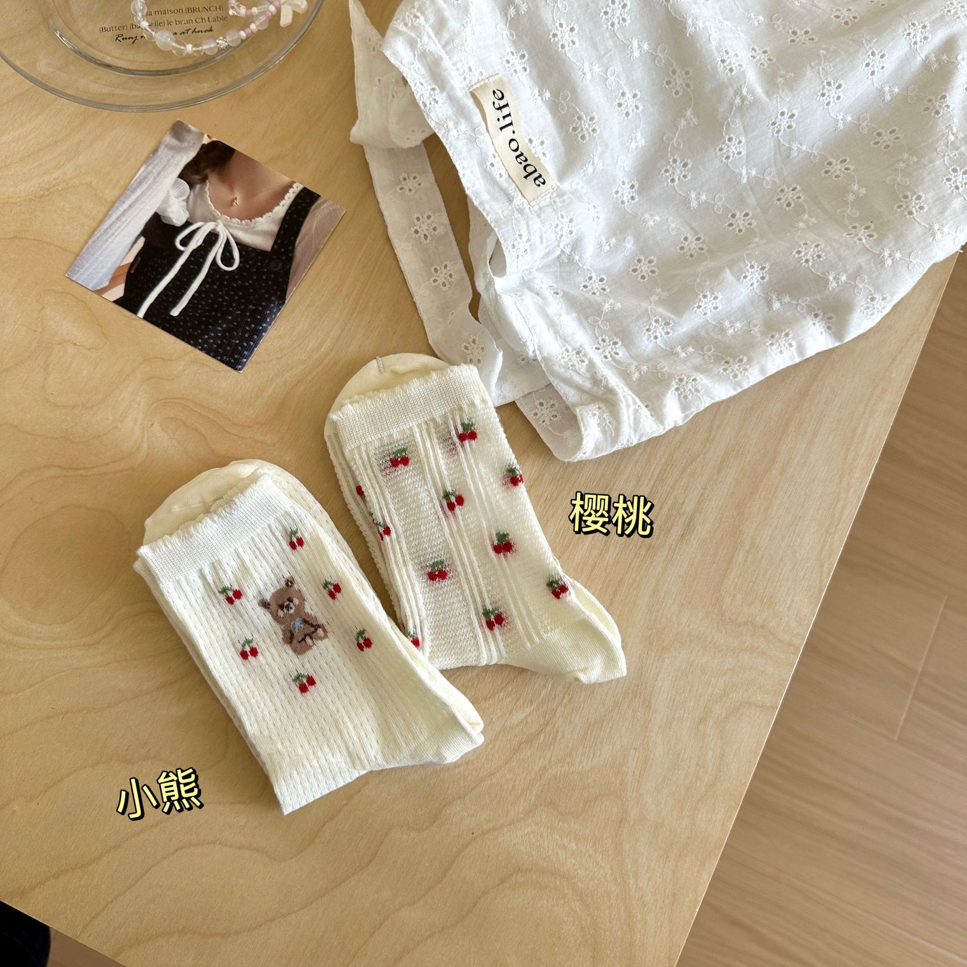 春夏薄款樱桃小熊袜子女日系花边白色网眼袜透气少女袜可爱中筒袜