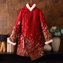 过年旗袍小袄冬款夹棉国风红色中长款棉服外套中式婚礼唐装棉袄女
