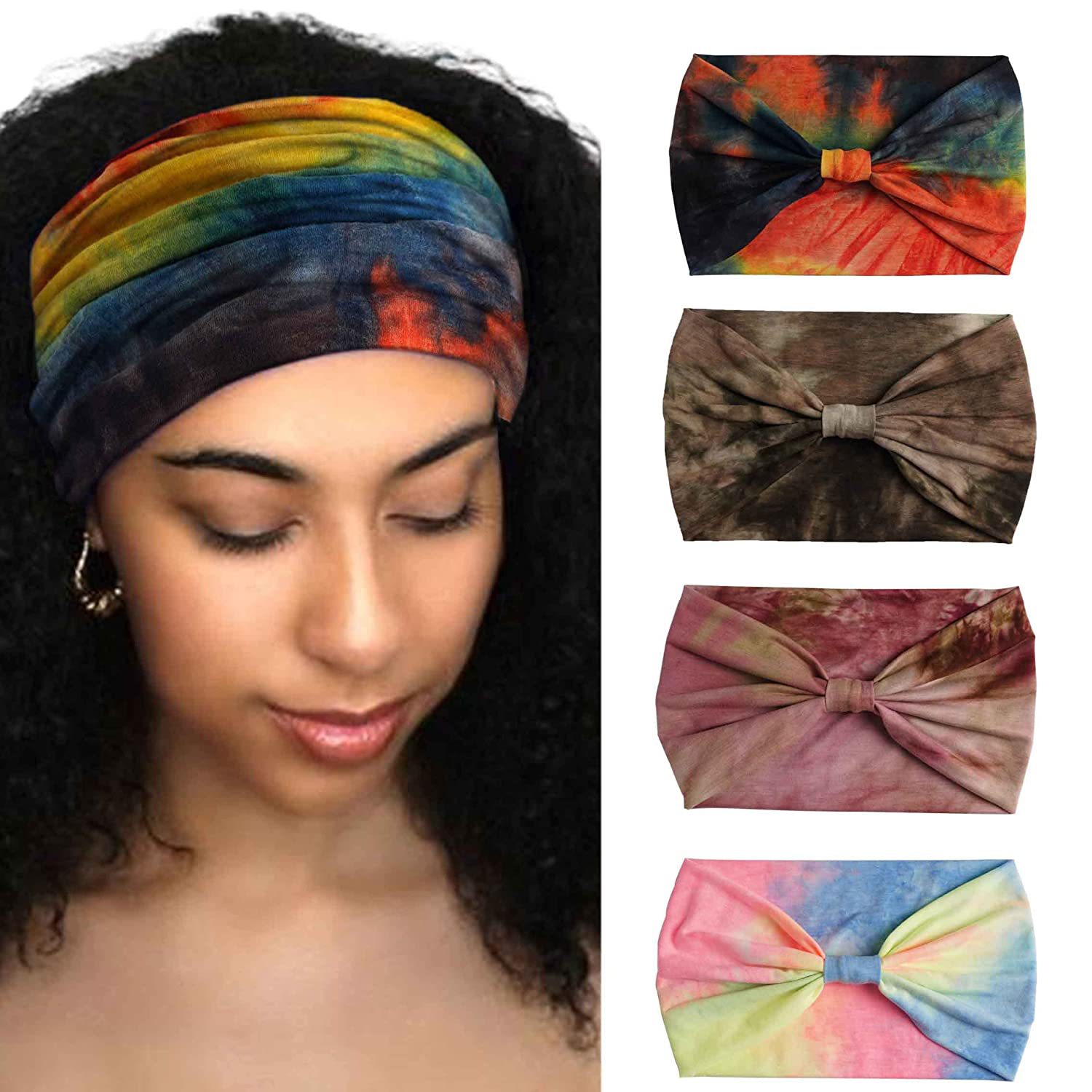 Bohemian Wide Hair Band Stretch Turban Knot Hair Band Elastic Yoga Sweatband Running Sports Tie-Dye Color Turban for Women