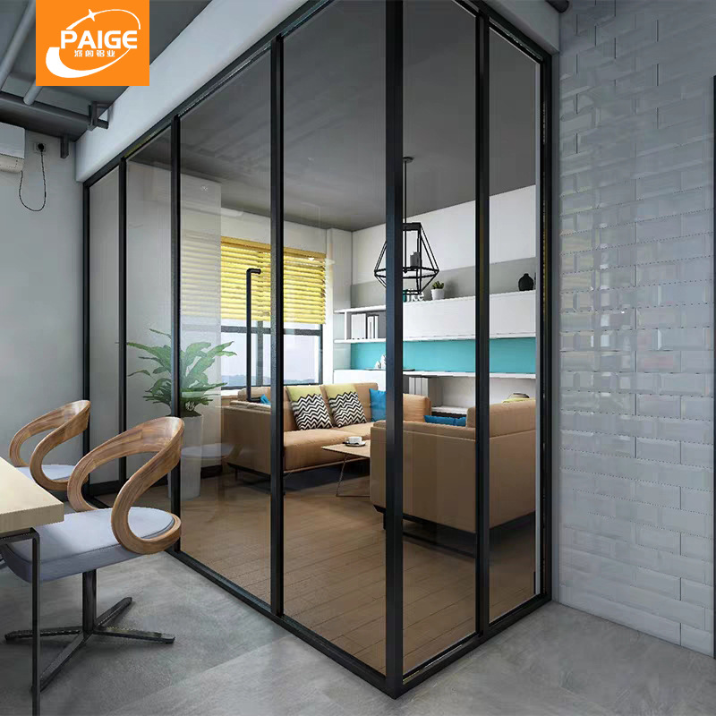 推拉门玻璃门窄边框l型隔断全景门开放厨房书房衣帽间3联动钛合金