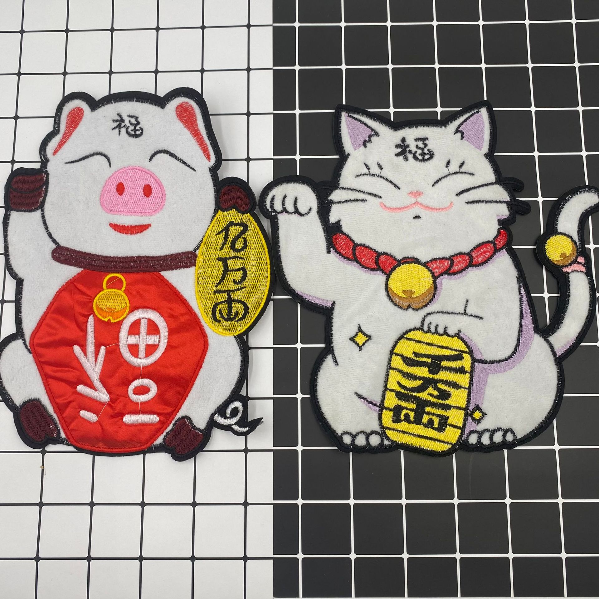 可爱卡通招财猫刺绣布贴 毛绒混合刺绣贴 绣花章diy服装补丁贴