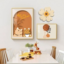 奶油风餐厅装饰画小清新花朵创意钟表组合挂画餐桌背景墙面壁画可