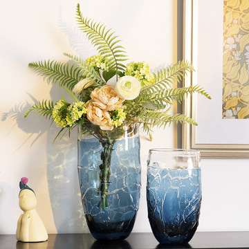 现代简约蓝色碎片纹琉璃水培花瓶摆件高档客厅餐桌样板间家居饰品