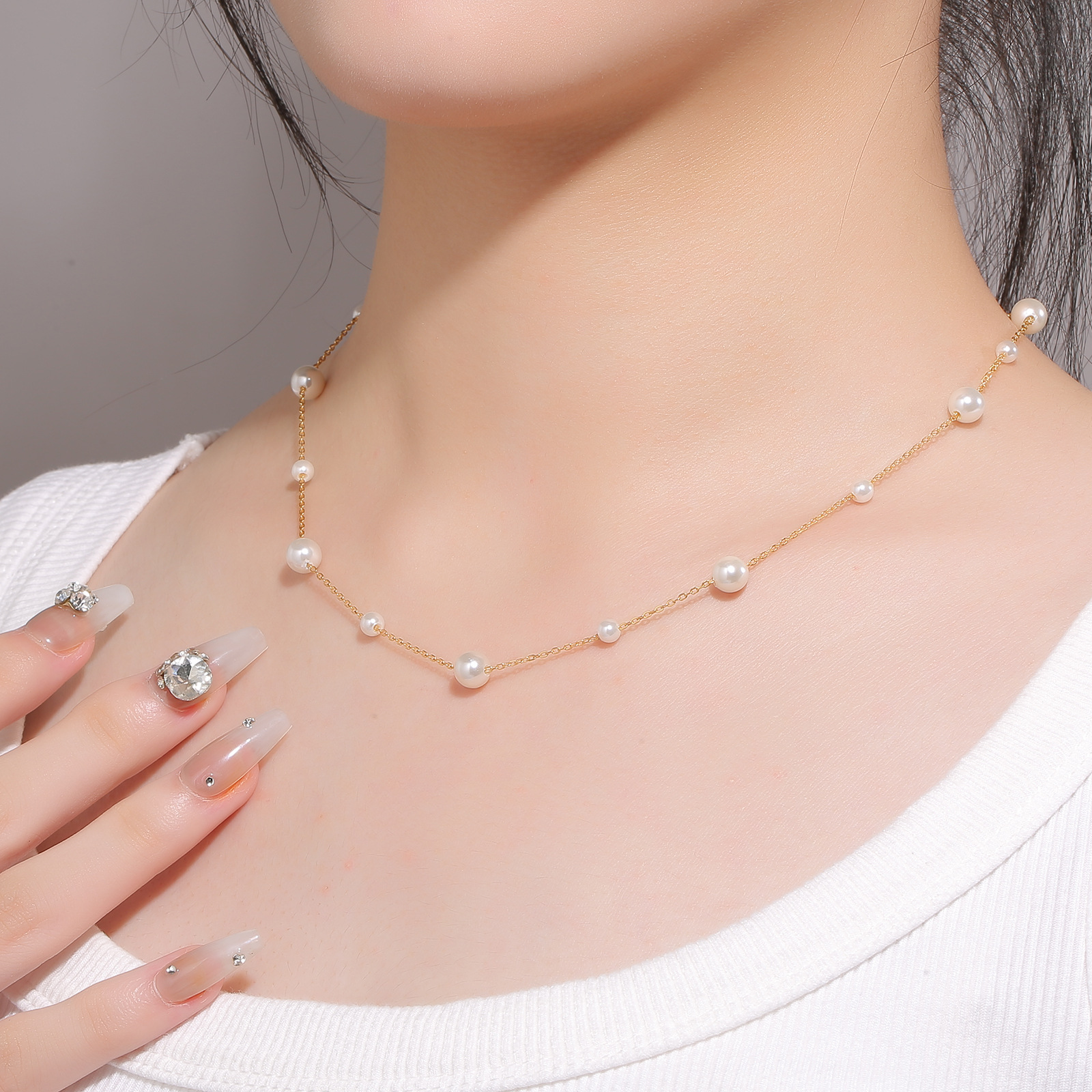 s925银贝珠满天星项链小众设计时尚锁骨链女高级感复古百搭银饰品