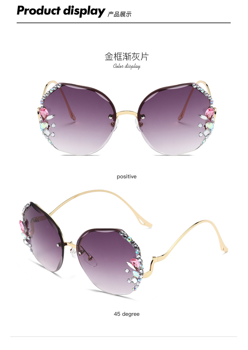 2023 New Cross-Border Frameless Trimming Sun Glasses Fashion Sunglasses Big Face Internet Celebrity Diamond Sun Glasses Korean Style