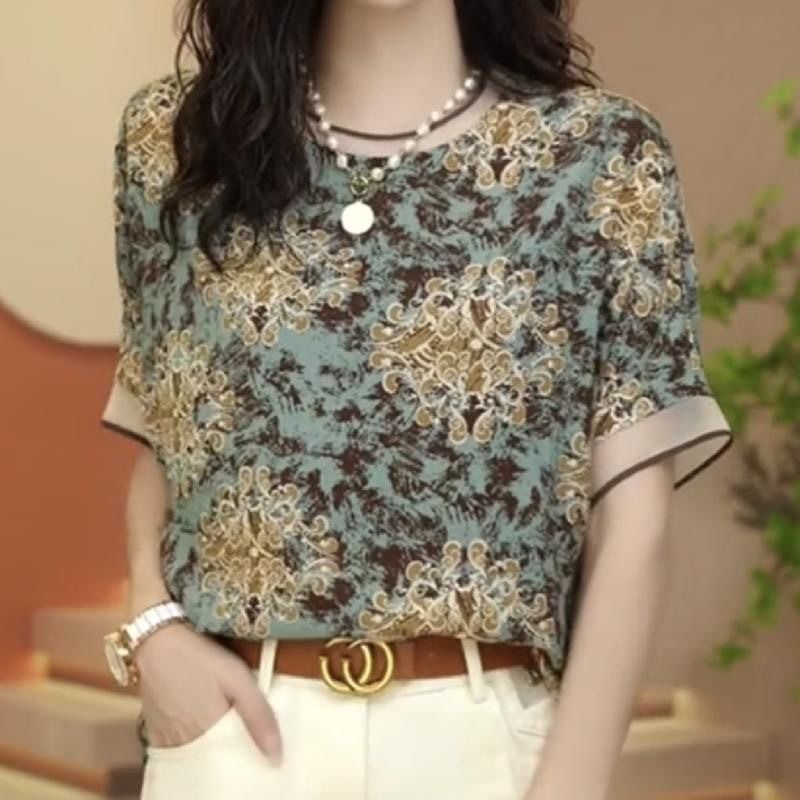 Women's Chiffon Shirt Summer New Versatile Outerwear Small Shirt Elegant Middle-Aged Mom Wear Belly Covering Anti-Aging Casual Top