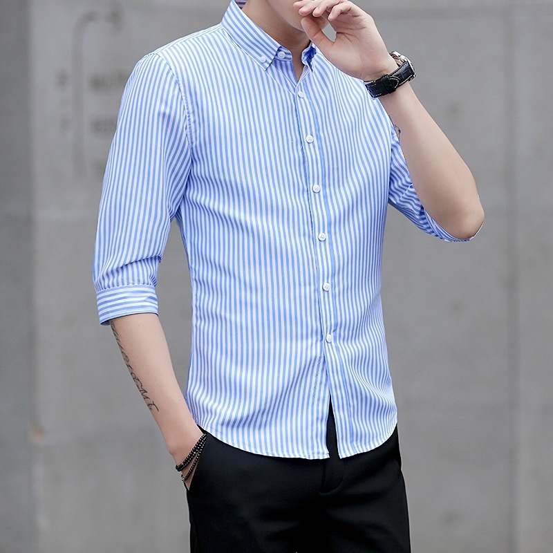 Summer New Men's Short Sleeve Shirt Half Sleeve Striped Slim Fit Shirt Korean Style Handsome Half Sleeve Shirt Half Sleeve