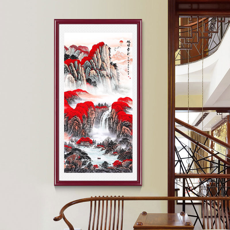 山水画竖版玄关挂画入户走廊装饰画旭日东升中堂客厅画风景画竖式