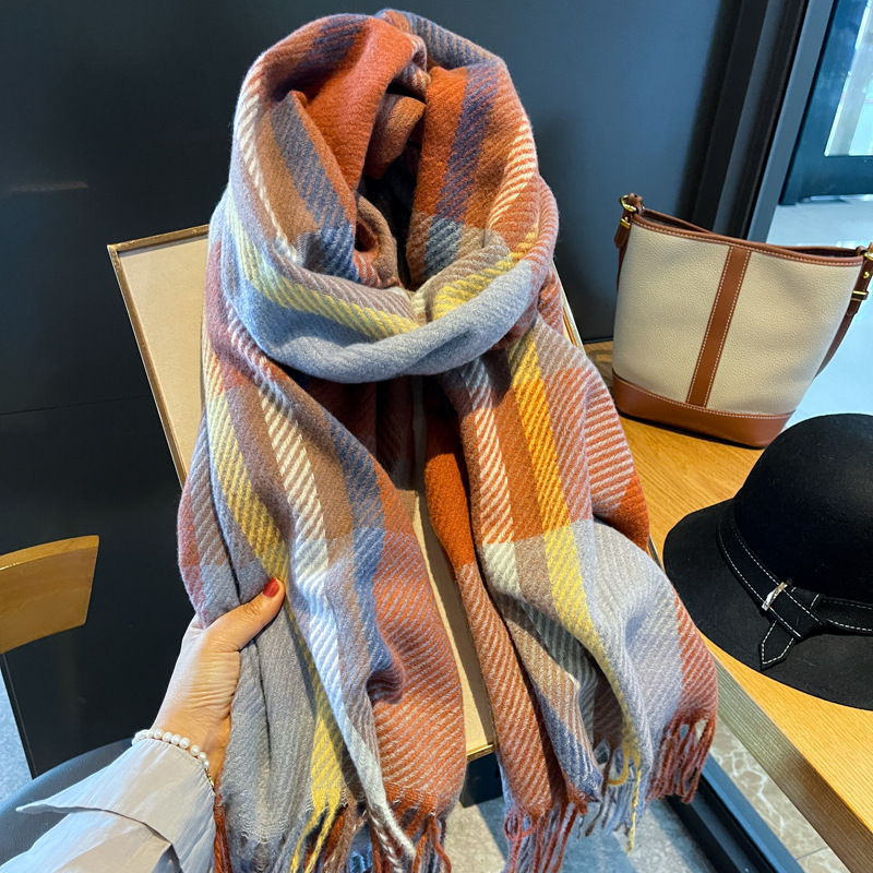 双面仿羊绒加厚韩系格子流苏围巾冬季女披肩外搭保暖学生百搭围脖