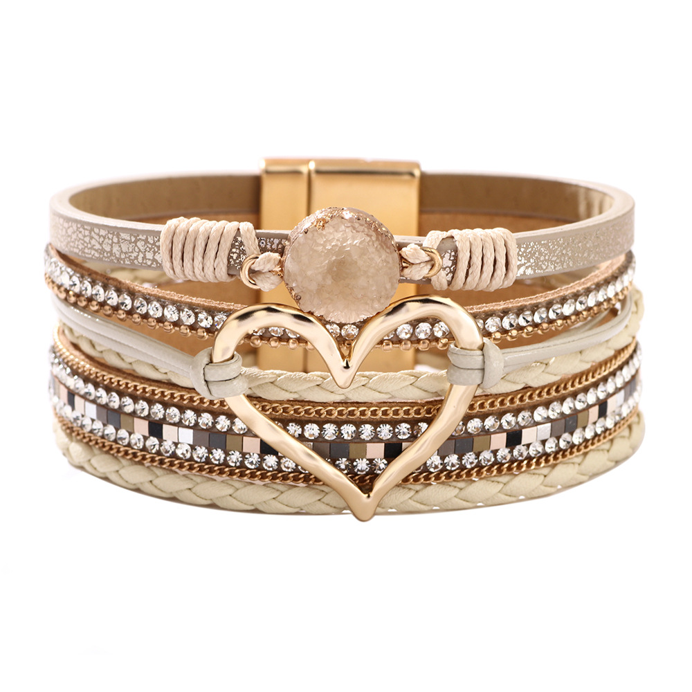 european and american fashion new style bracelet women bohemian heart shape rhinestone magnetic bracelet pu artificial leather soft bracelet