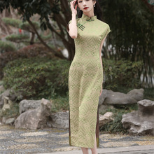 512提花绿色中式改良旗袍女妈妈装夏季复古优雅大码日常连衣裙批