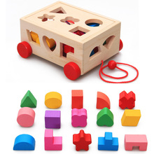 跨境儿童多功能十五孔智力盒 益智木质拖拉玩具 形状配对早教玩具
