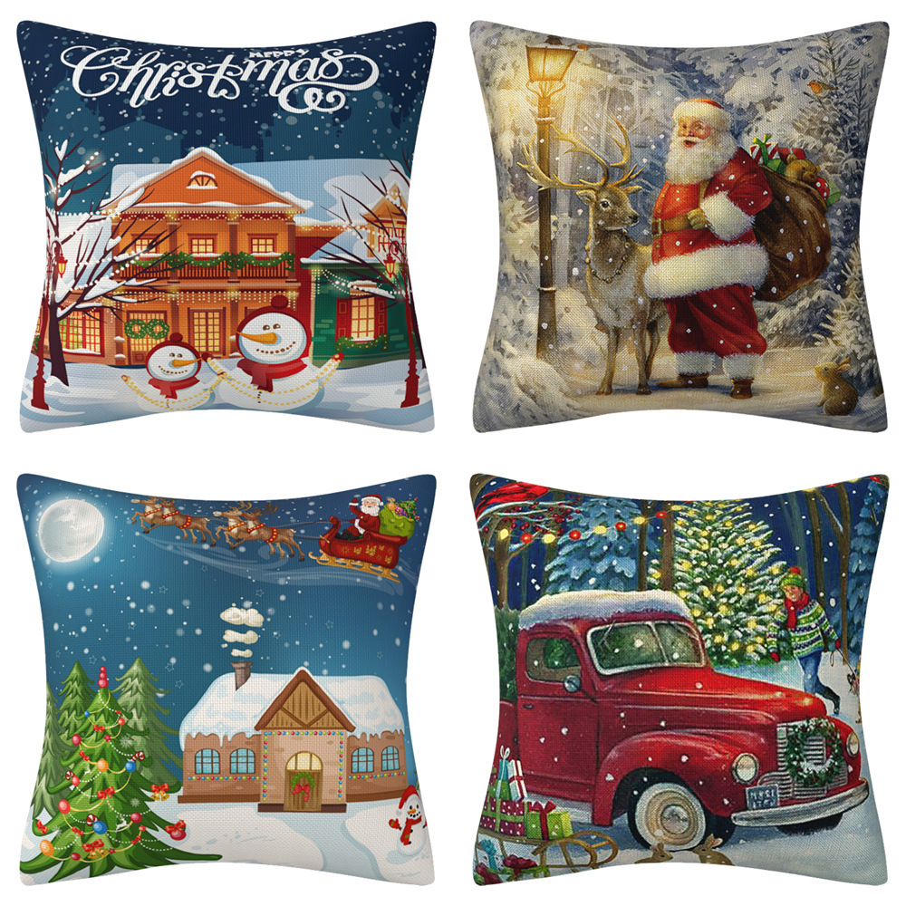 Santa Claus Truck Snow Scene Linen Pillow Cover Amazon European and American Holiday Home Ornament Pillow Cushion Cover