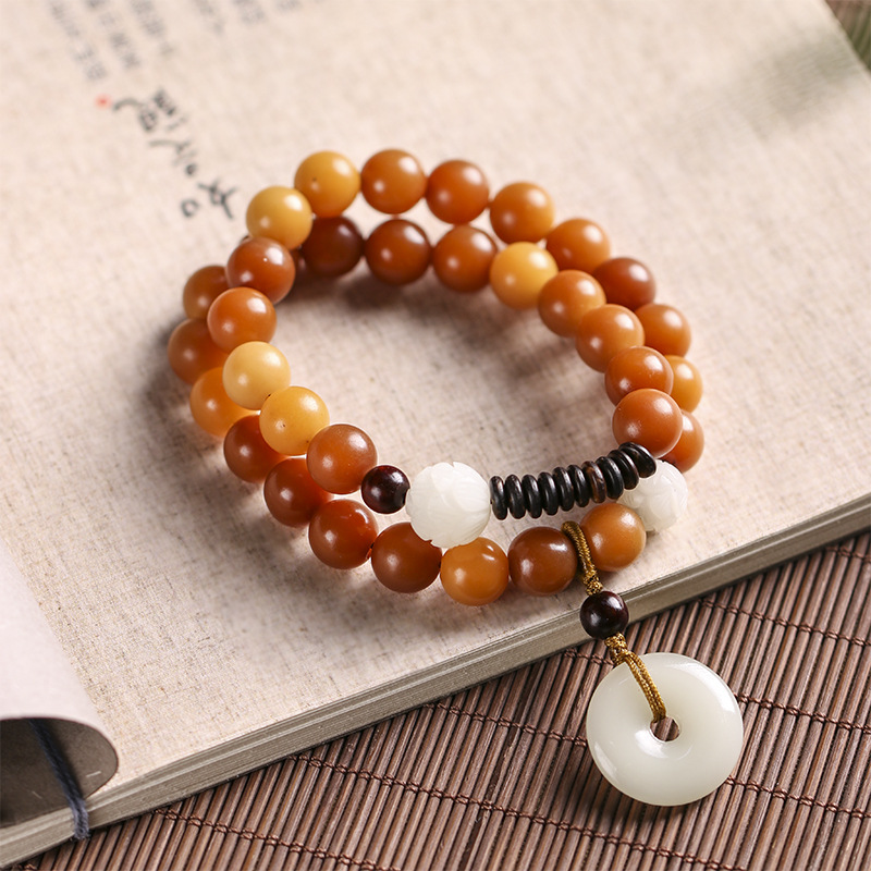 Original Ecology Weathering Yin Leather Green Bodhi Root Beads Bracelet Lotus Buckle Bracelet Female Artistic Ethnic Style Jewelry