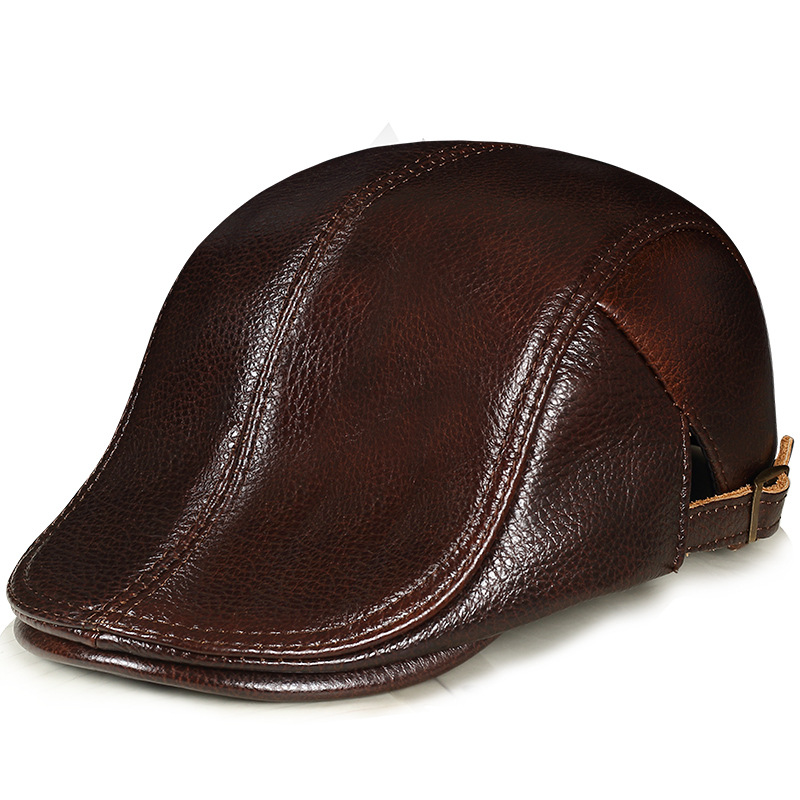 皮帽子男士帽子薄贝雷帽牛皮中年单款前进帽老年人质绉纹1