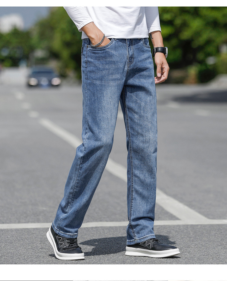 21秋冬男士宽松大码牛仔裤直筒中弹蓝色棉休闲长裤商务休闲牛仔裤