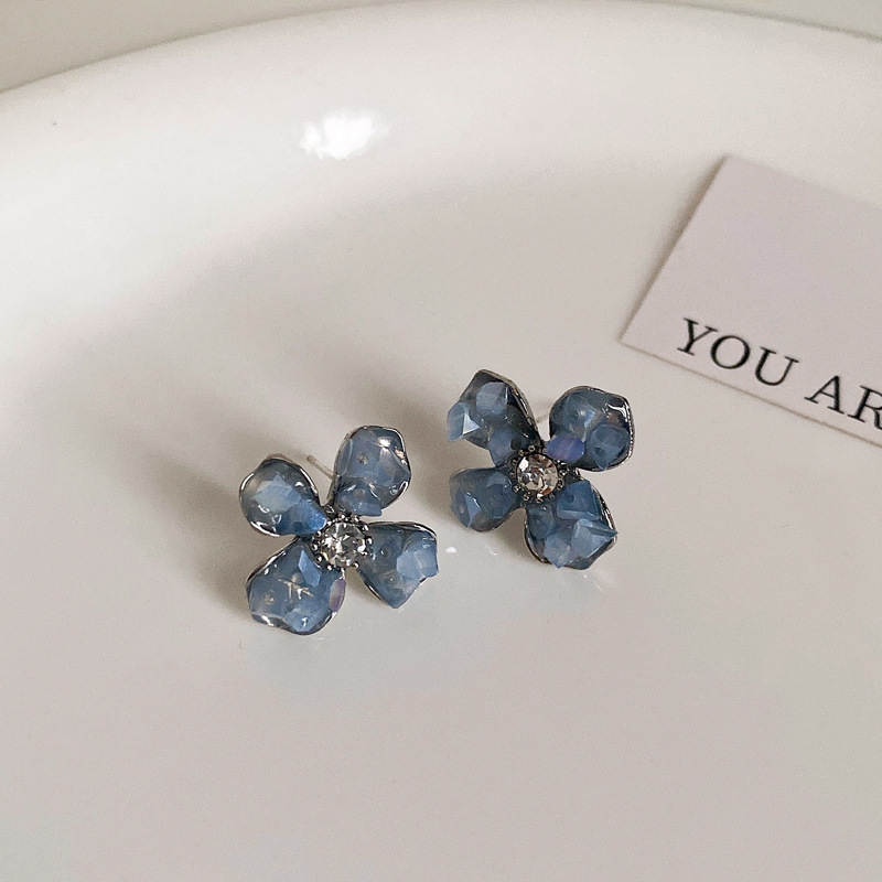 Silver Needle Blue Gradient Crystal Butterfly Flower Earrings Female Niche Design All-Match Earrings Personalized High-Grade Earrings