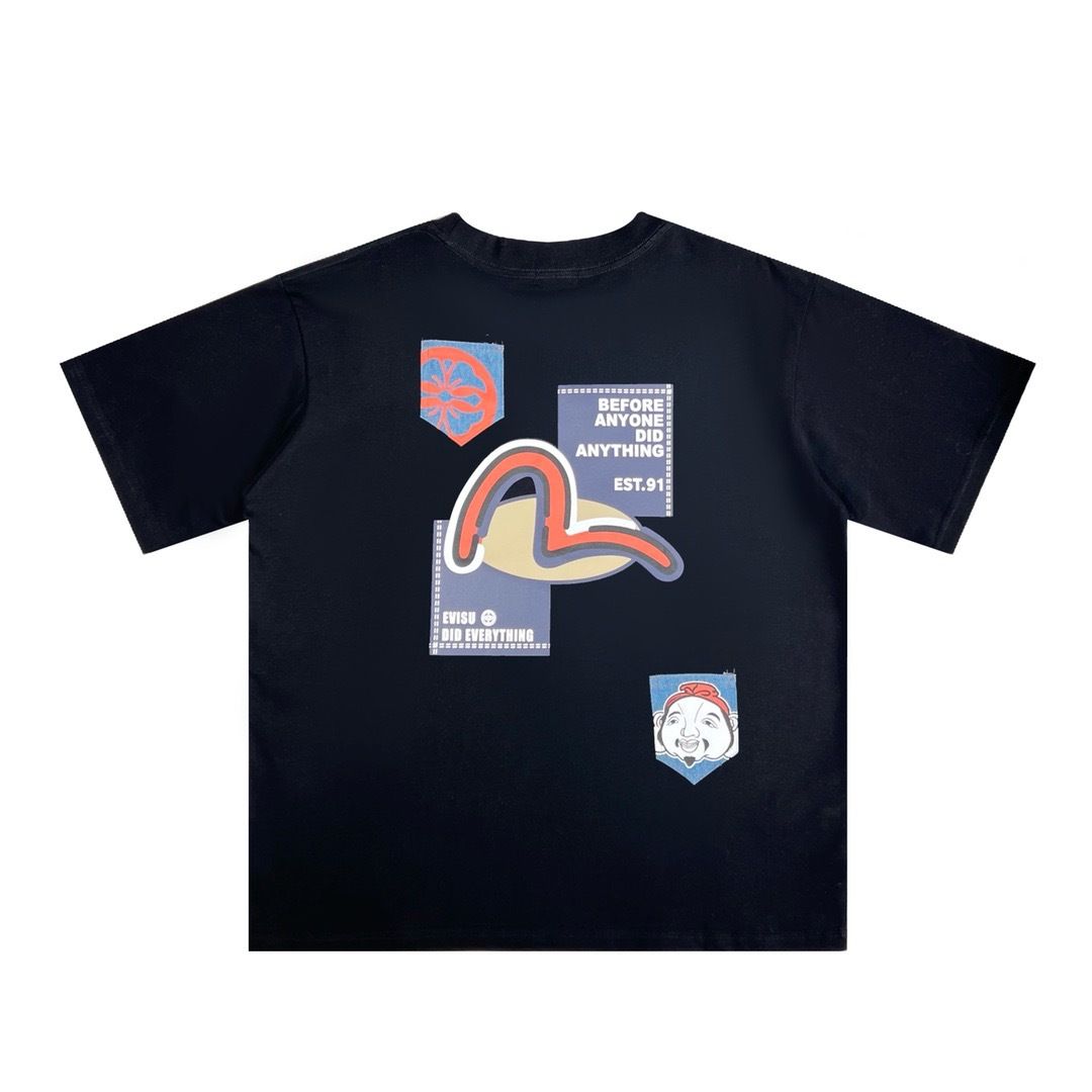 一件代发2024潮牌福神海鸥佛头牛仔口袋印花休闲情侣圆领短袖t恤