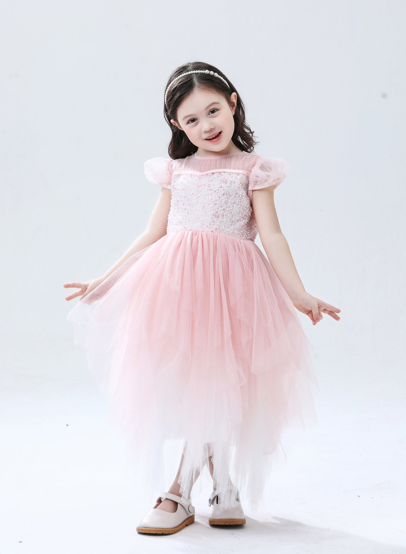 夏季新款女童泡泡袖蓬蓬网纱美人鱼礼服重工网纱中大童公主裙