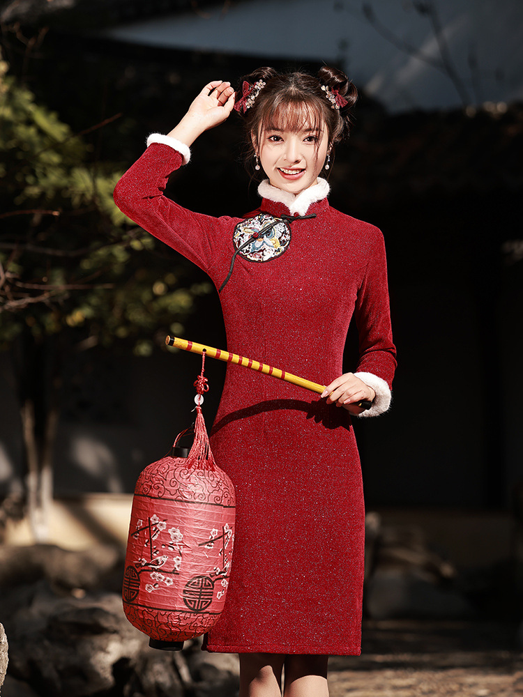 红色旗袍2022年新款新年唐装过年拜年服女大人加厚中国风女装小袄