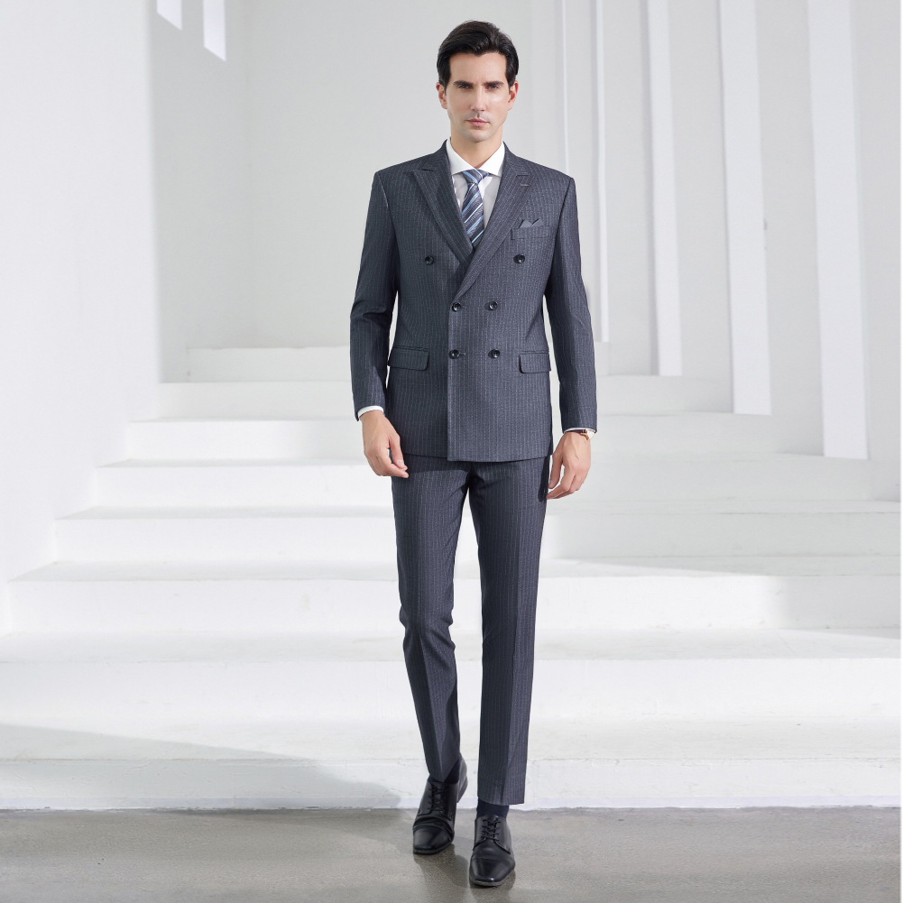 【国民经典款】男双排扣条纹西装 高档商务套装正装 新郎结婚礼服