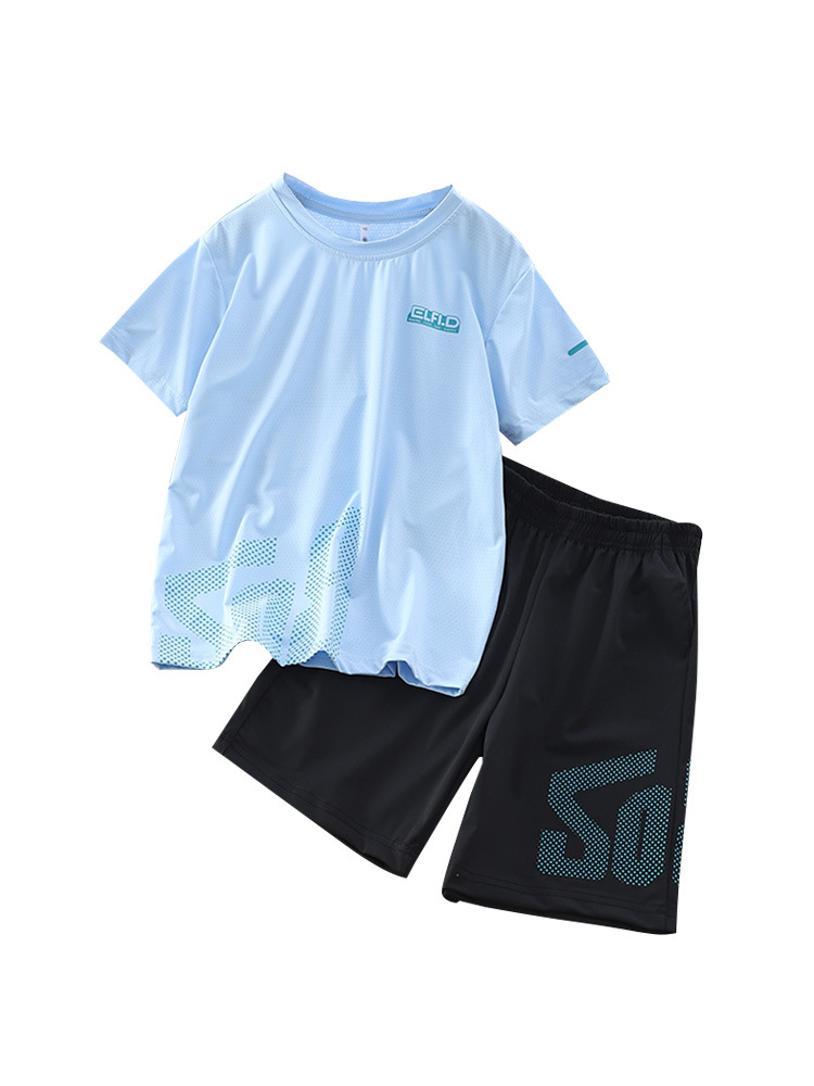 Children's Quick Drying Clothes Suit 2024 Summer New Ice Silk Short Sleeve Shorts Two-Piece Medium and Big Children's Thin Casual Wear