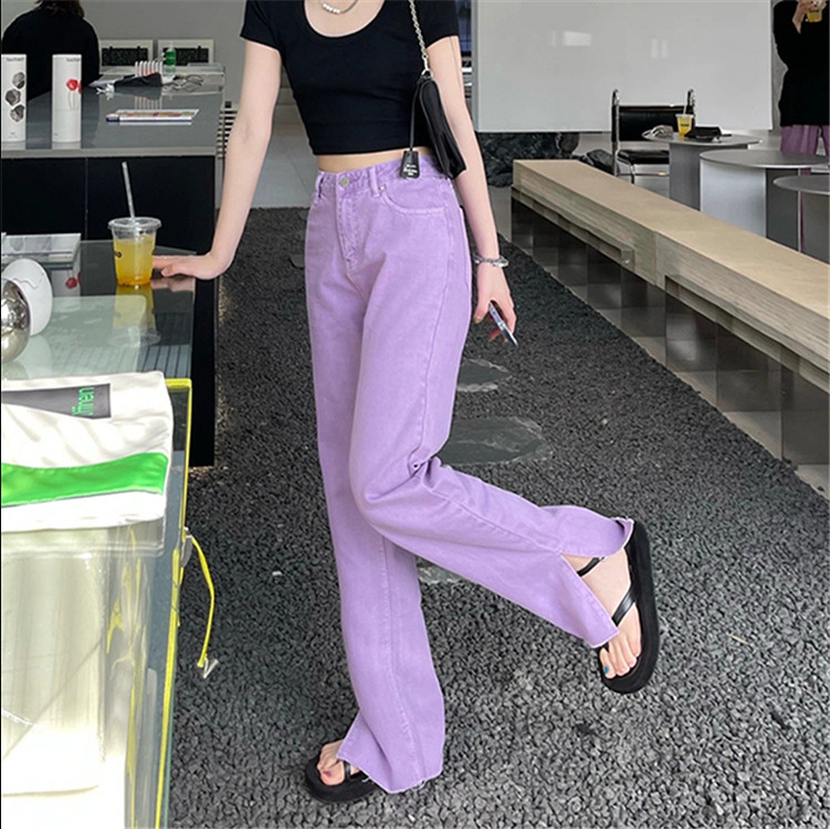 浅紫色开叉微喇叭牛仔裤子女夏季少女高腰显瘦加长彩色ins拖地裤