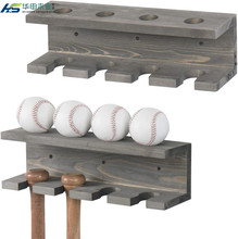 木质壁装灰色 木制棒球棒架和球形收纳架2件套 浮动置物架墙架