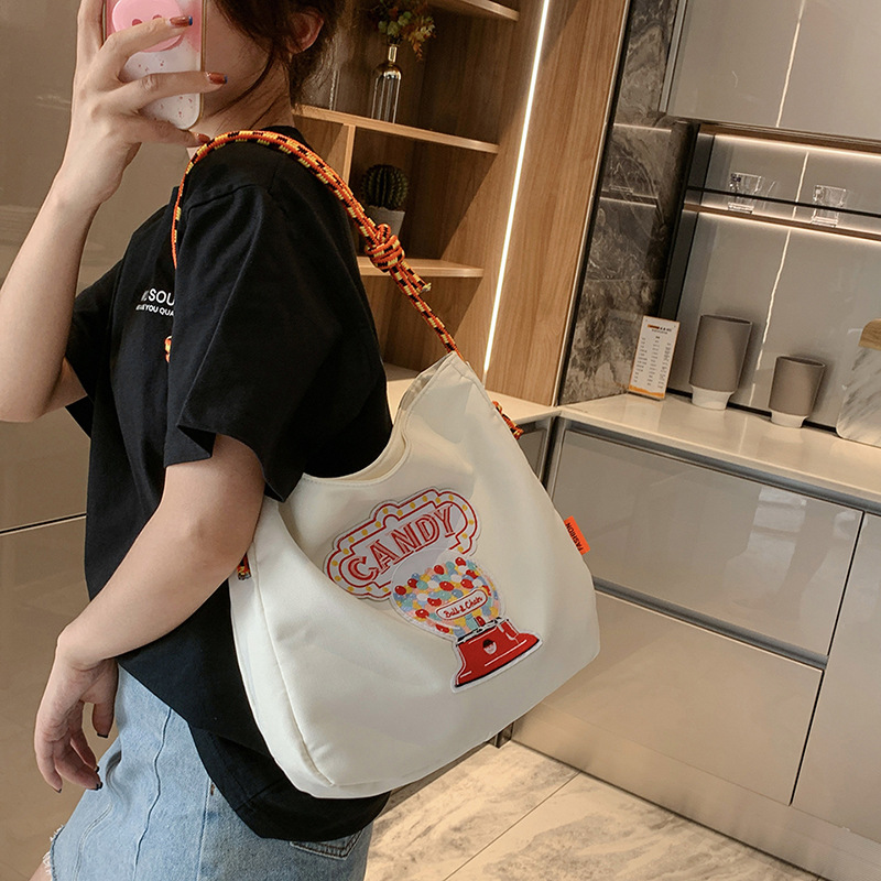 Japanese Ball Chain Large Capacity Embroidered Canvas Cabs Shopping Bag Portable Shoulder Crossbody Drawstring Bag