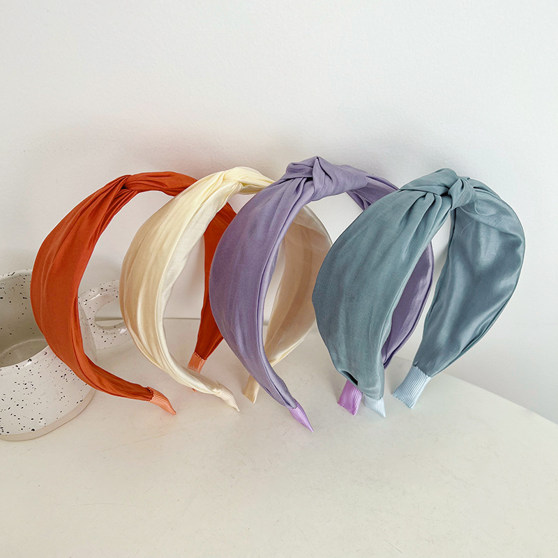 Spring and Summer Korean Style Solid Color Wide Brim Retro Headband Fabric Knotted Color Matching Head Hoop Cross Versatile Headband Hair Accessories Wholesale