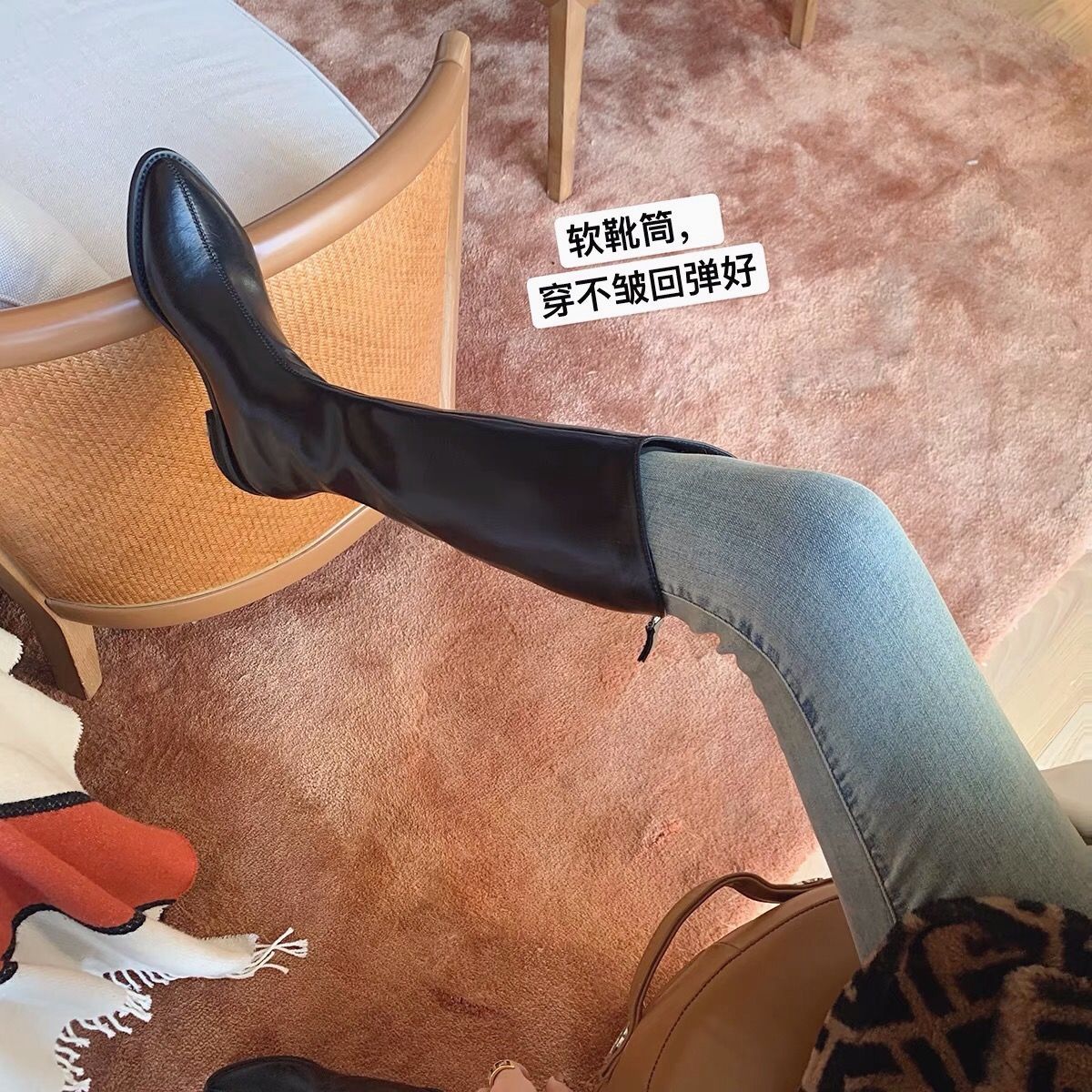 真皮全牛皮加宽版长靴女冬加绒白色不过膝粗跟西部牛仔靴骑士靴长