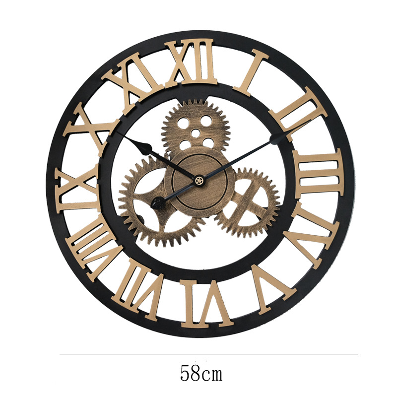 亚马逊圆形齿轮挂钟 美式复古罗马挂钟 客厅创意墙钟个性钟表