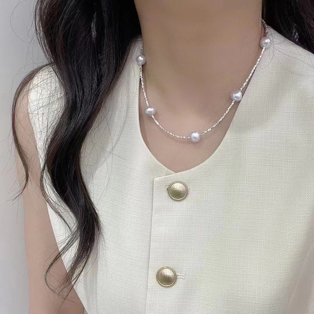 倪妮珍珠项链天然海水珍珠 9-10mm澳白925纯银碎银子巴洛克满天星