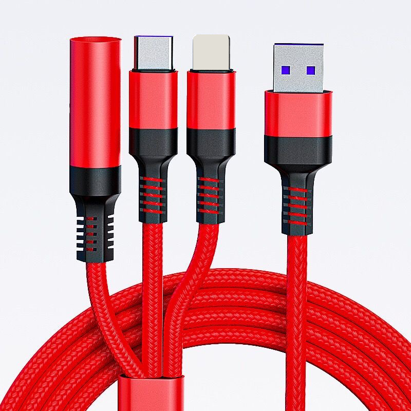 点烟器数据线 一拖四充电线 适用苹果安卓type-c手机多功能三合一