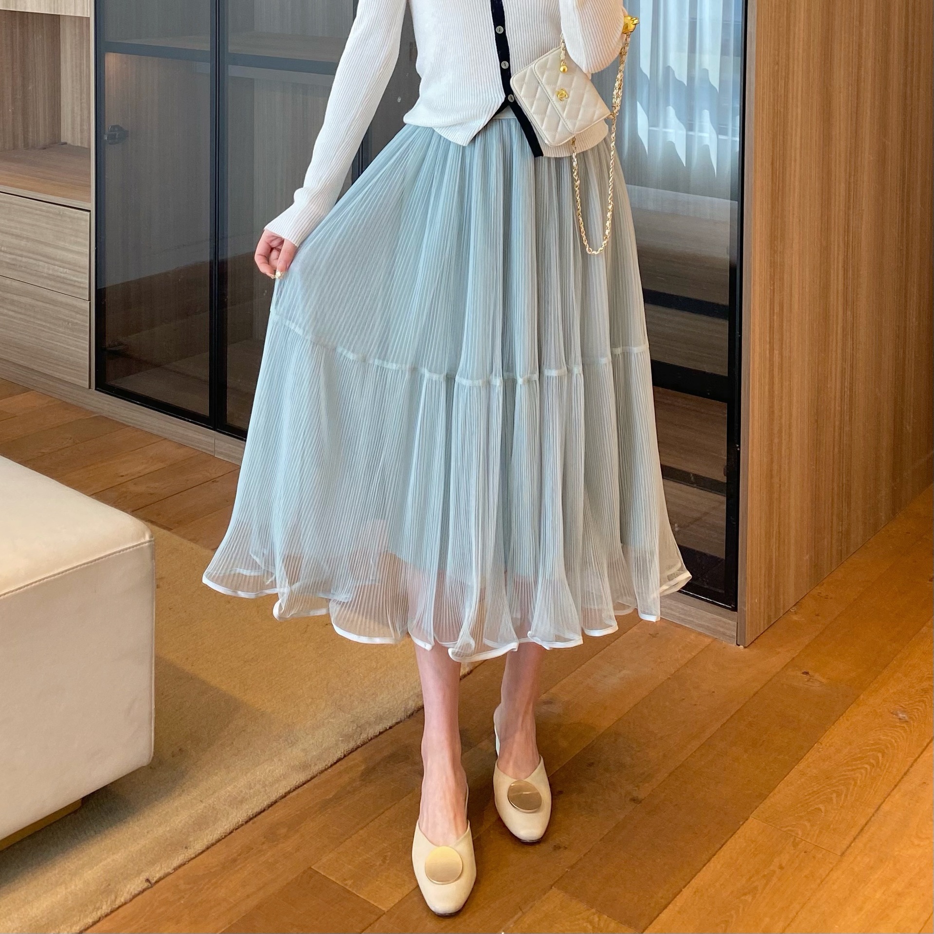 荣太拼接细褶欧根纱半身裙女2023春夏新款双层飘逸松紧腰网纱裙子