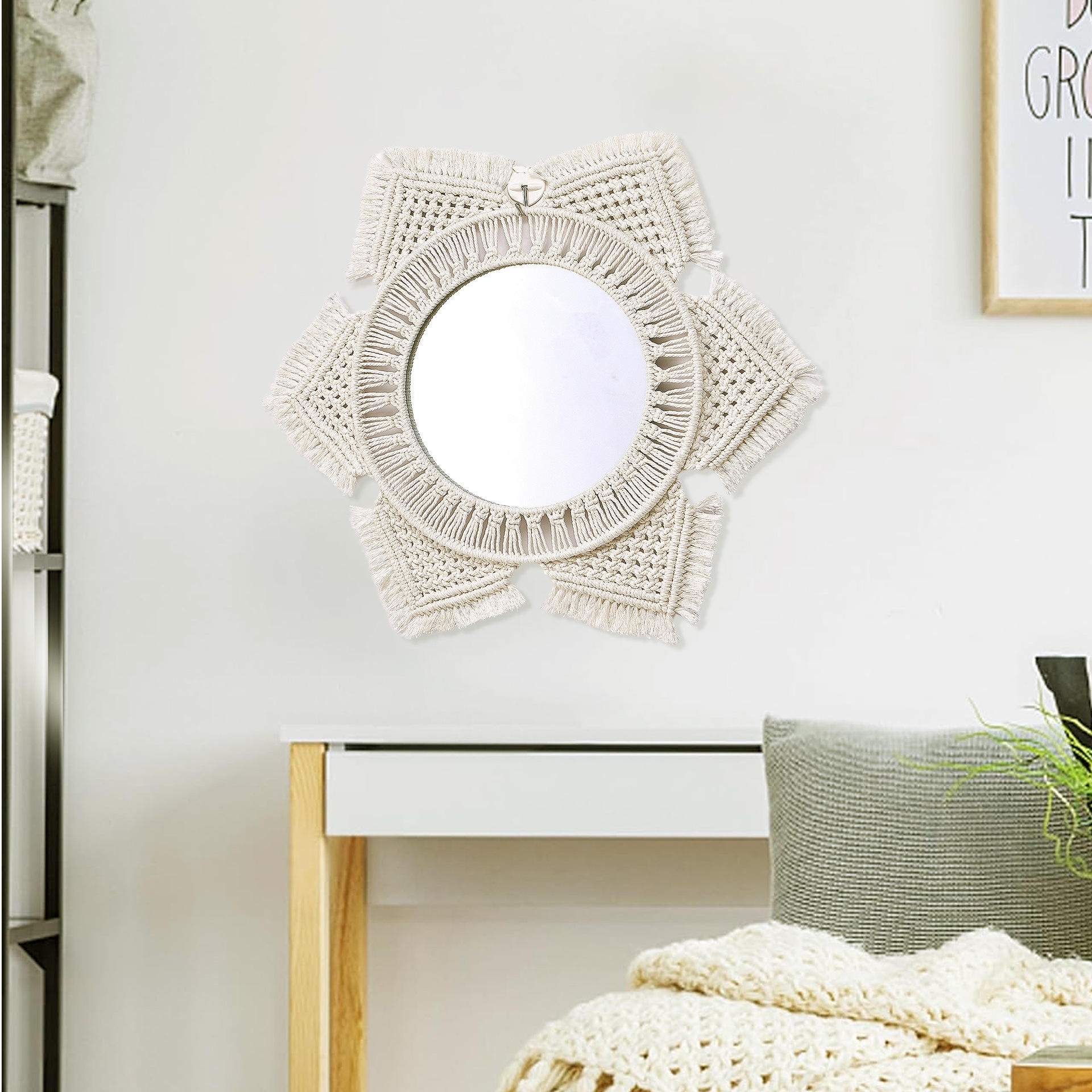 圆形流苏壁挂镜 北欧风家居流行编织装饰挂件客厅卧式玄关装饰