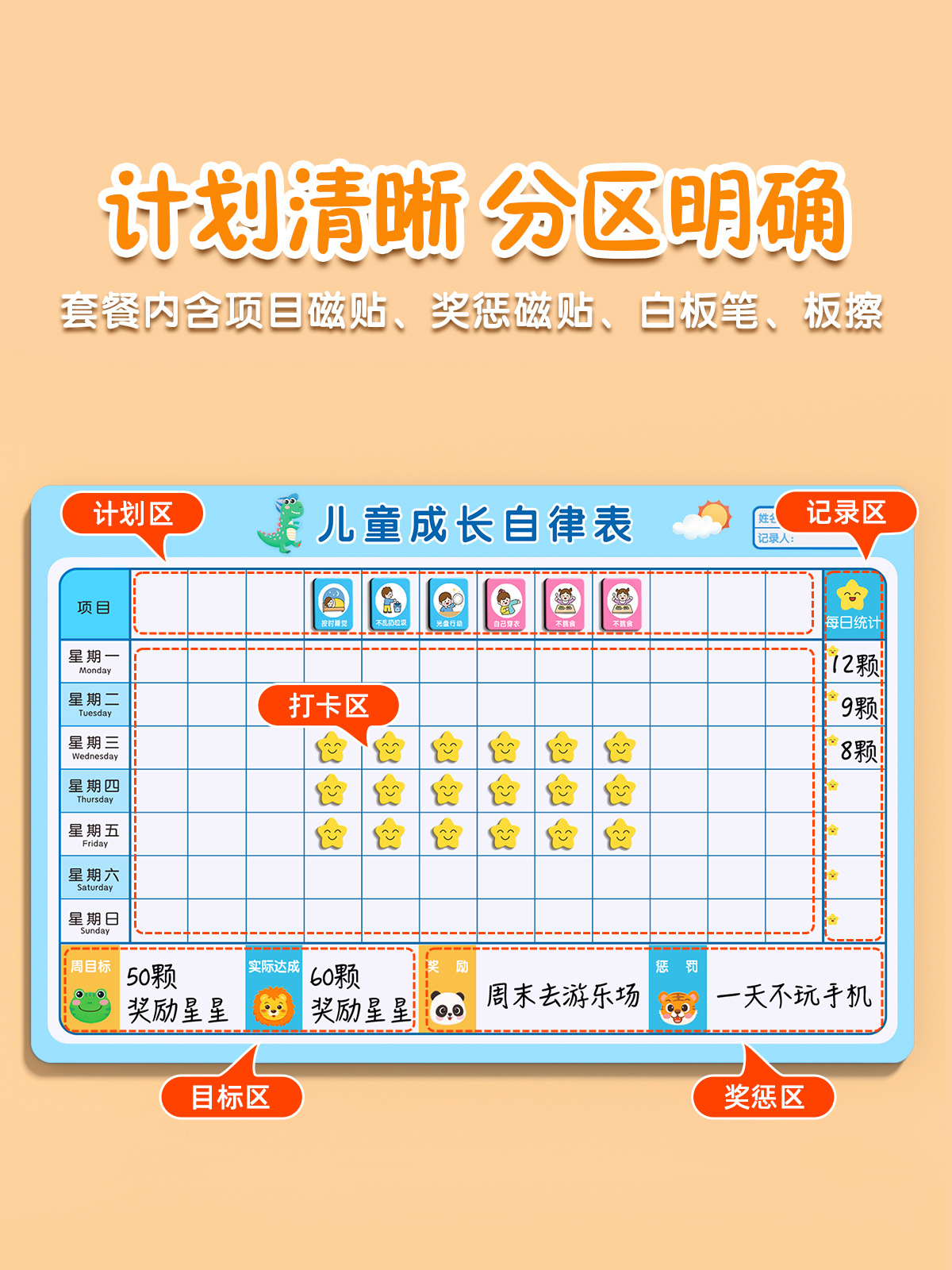 儿童奖励记录表成长自律表学习计划孩子的积分卡家庭磁性墙贴贴纸