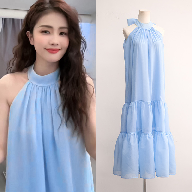 [现货]白鹿同款蓝色挂脖连衣裙夏装新款海边度假风长款蓬蓬裙女潮
