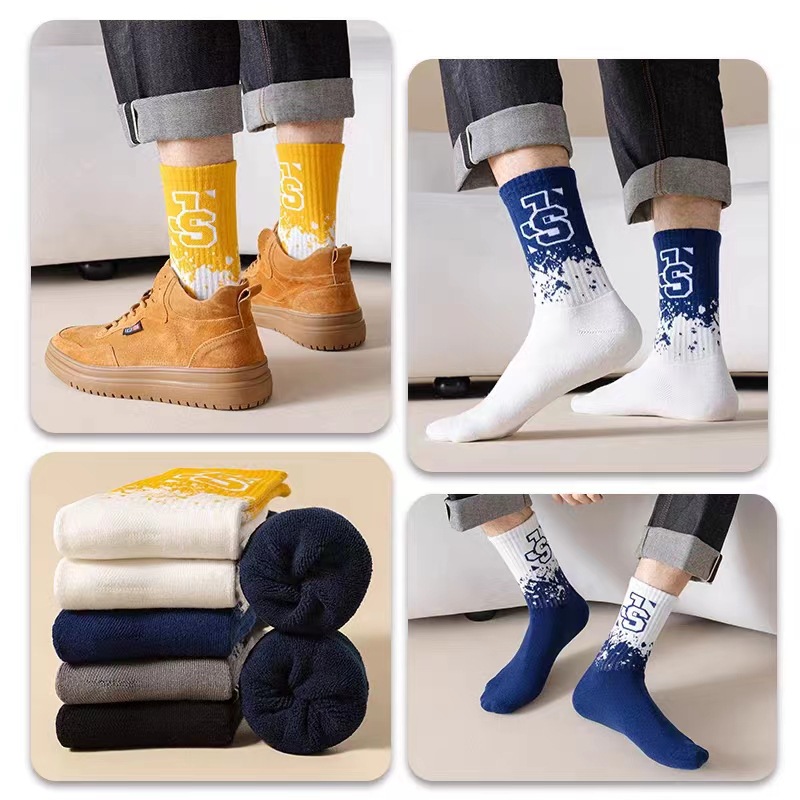 Socks Men's Autumn and Winter Thickened Fleece-Lined Warm Mid-Calf Length Socks Towel Bottom Thick Pure Cotton Deodorant Sports Stockings