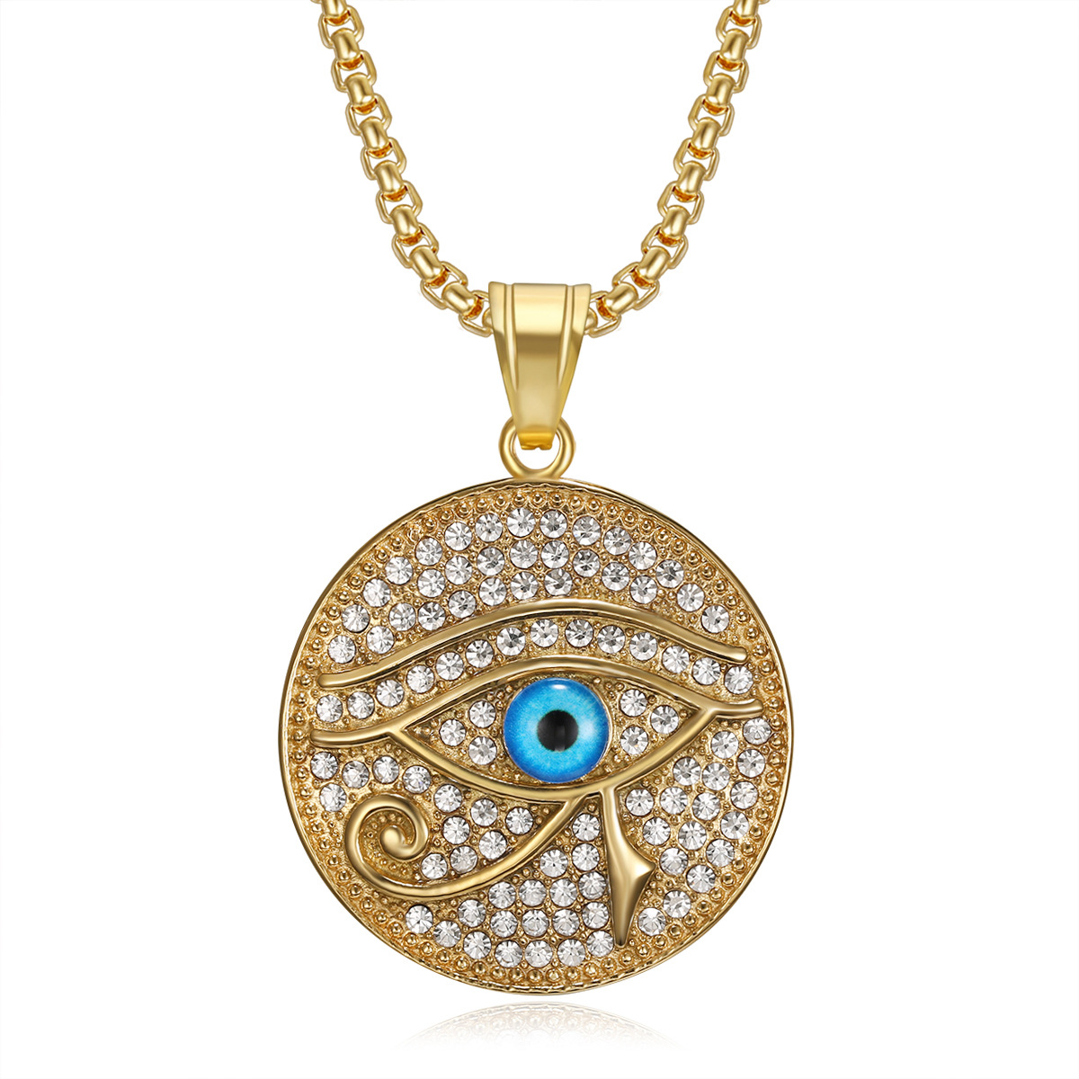 Europe and America Cross Border New Hip Hop Hiphop Ornament Titanium Steel Gold Plated Rhinestone Horus Eye Pendant Necklace