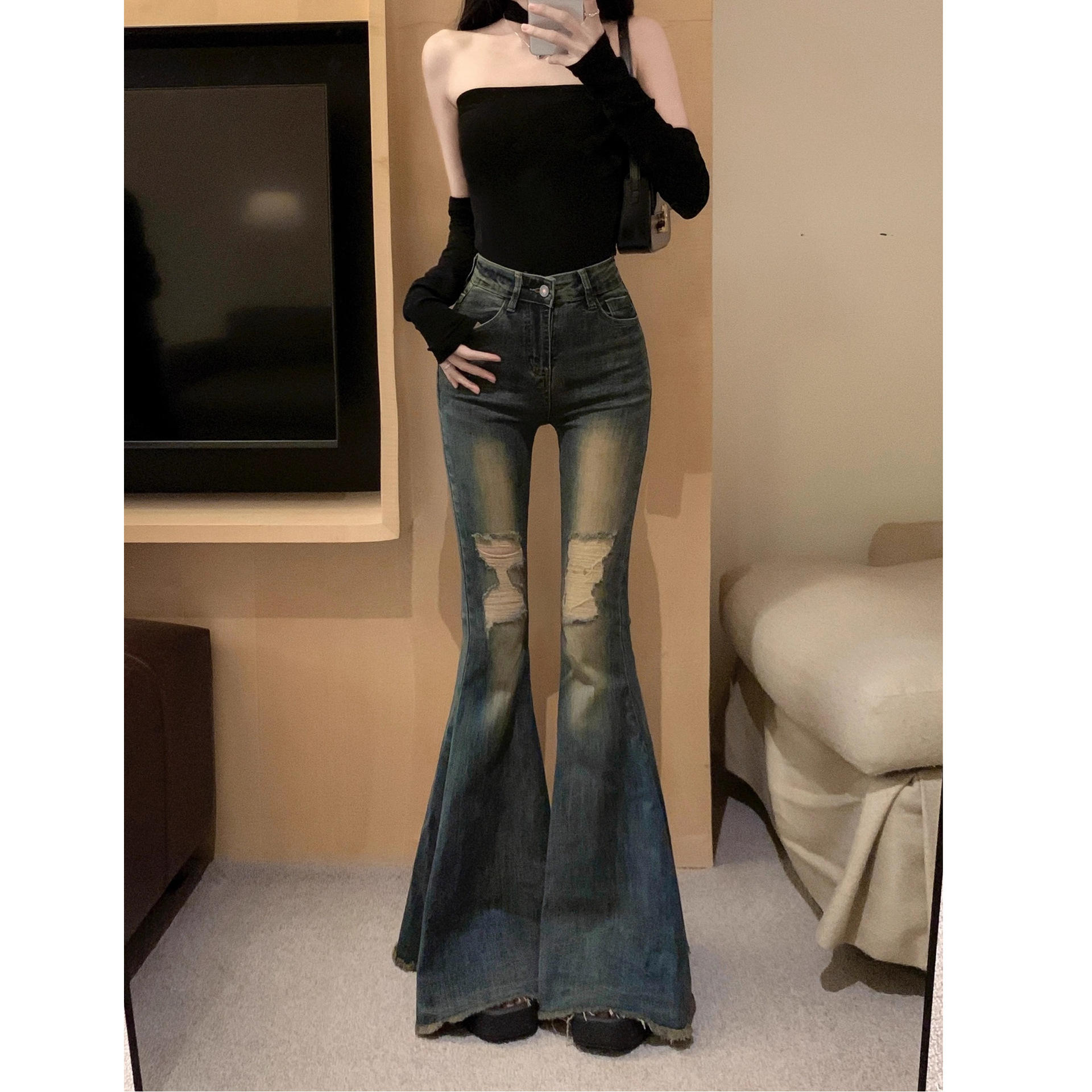 复古水洗毛边大喇叭牛仔裤女春秋高腰阔腿裤子休闲鱼尾裤拖地长裤