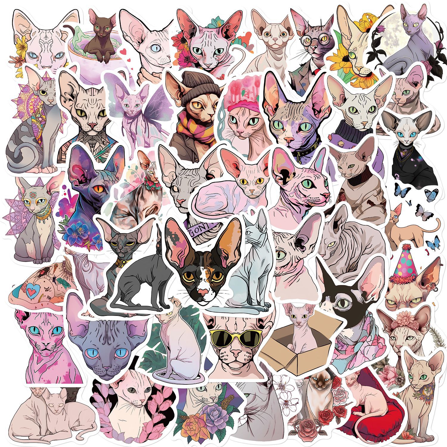 50张/套卡通可爱斯芬克斯猫创意个性diy滑板水杯行李箱涂鸦贴纸