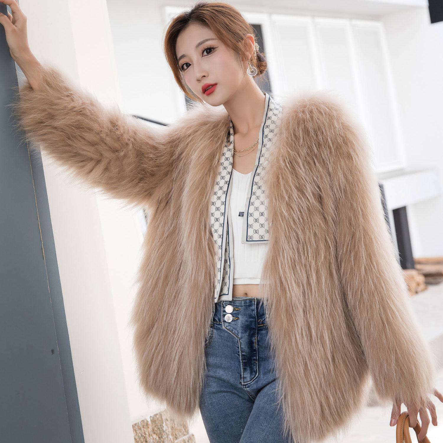 新网红貉子毛编织外套女中长款特价清仓秋冬皮草连珠羽毛长袖马甲